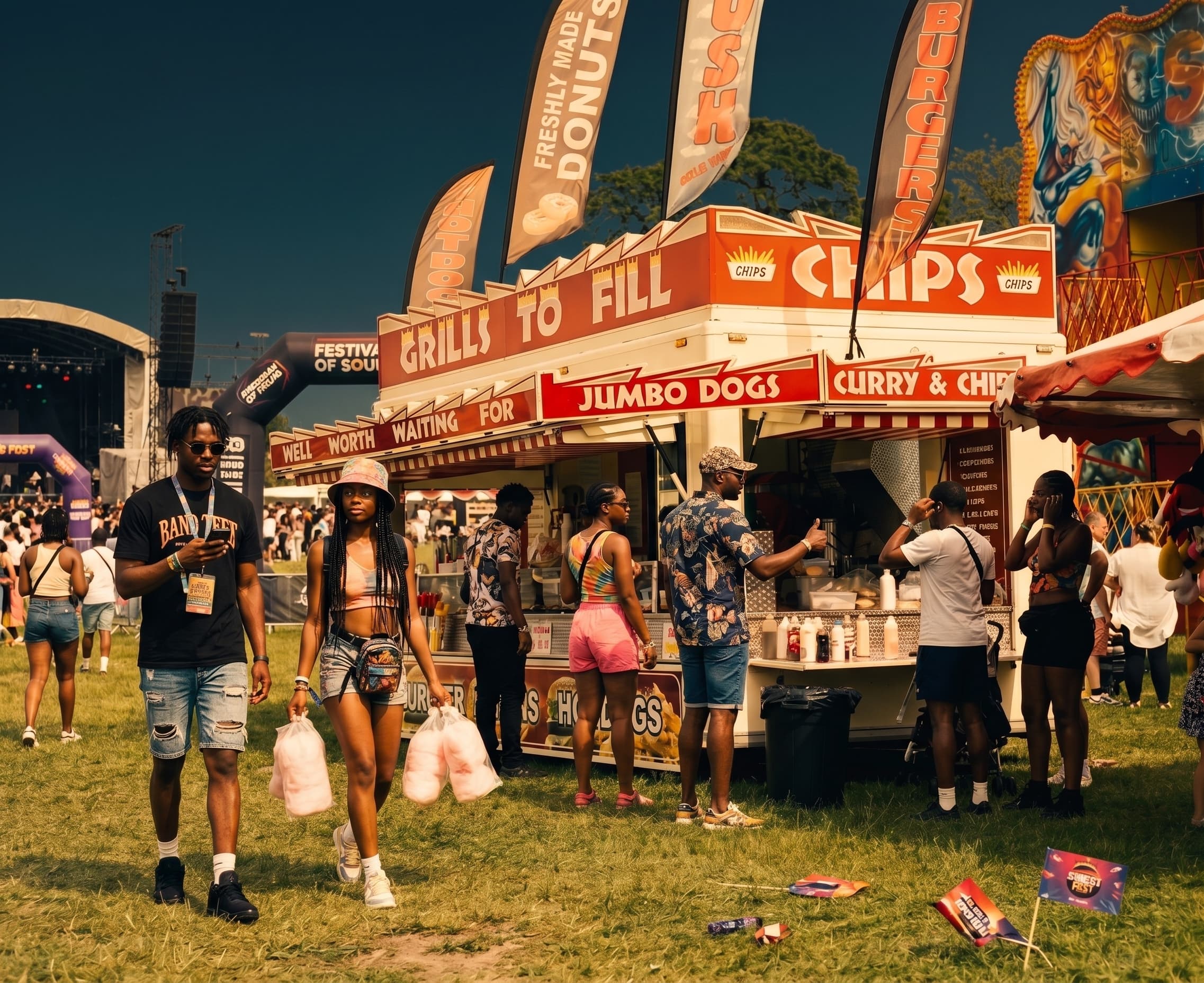 Festival-goers walking past a row of food stalls